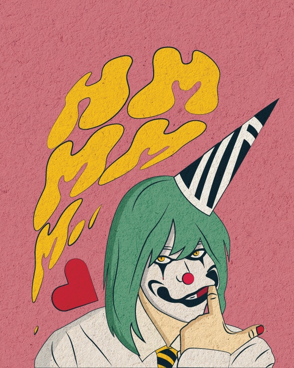 Ilustrasi kartun lucu dengan topi kerucut dan latar belakang warna pink, jasa pembuatan ilustrasi kartun, gambar ilustrasi kartun, desain ilustrasi, ilustrasi, gambar, gambar kartun, sketsa kartun, kartun lucu.