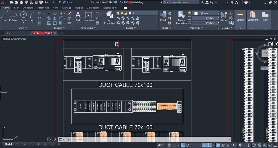 Jasa drafter autocad untuk desain kabel dan duct dengan detail 70x100, cocok untuk proyek arsitektur dan interior.