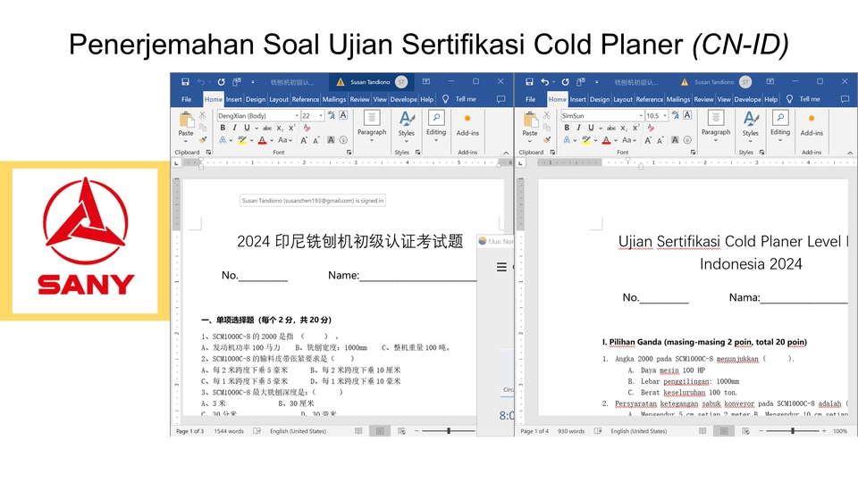 Penerjemahan soal ujian sertifikasi cold planer bahasa Indonesia ke mandarin untuk freelancer.