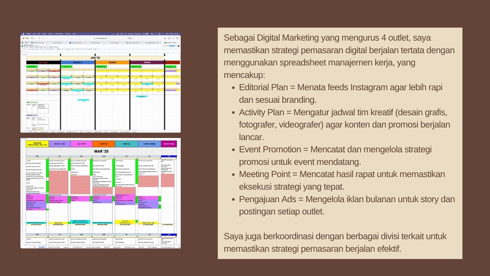 Jasa Digital Marketing: Strategi Pemasaran Digital Terintegrasi untuk 4 Outlet, mencakup perencanaan konten Instagram, jadwal tim kreatif, promosi event, dan iklan Facebook dan Instagram.