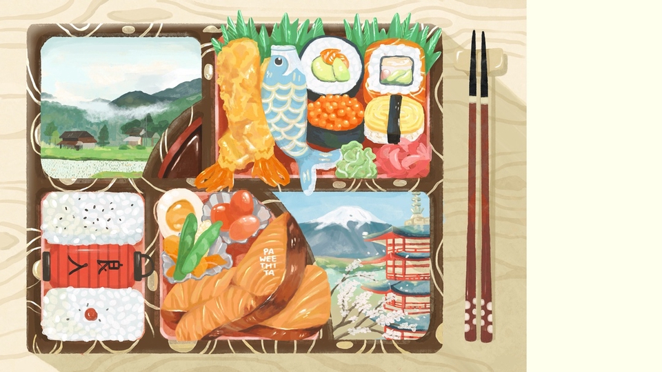 วาดภาพประกอบอาหารญี่ปุ่นแบบเบนโตะ พร้อมภาพประกอบสถานที่ท่องเที่ยวญี่ปุ่น