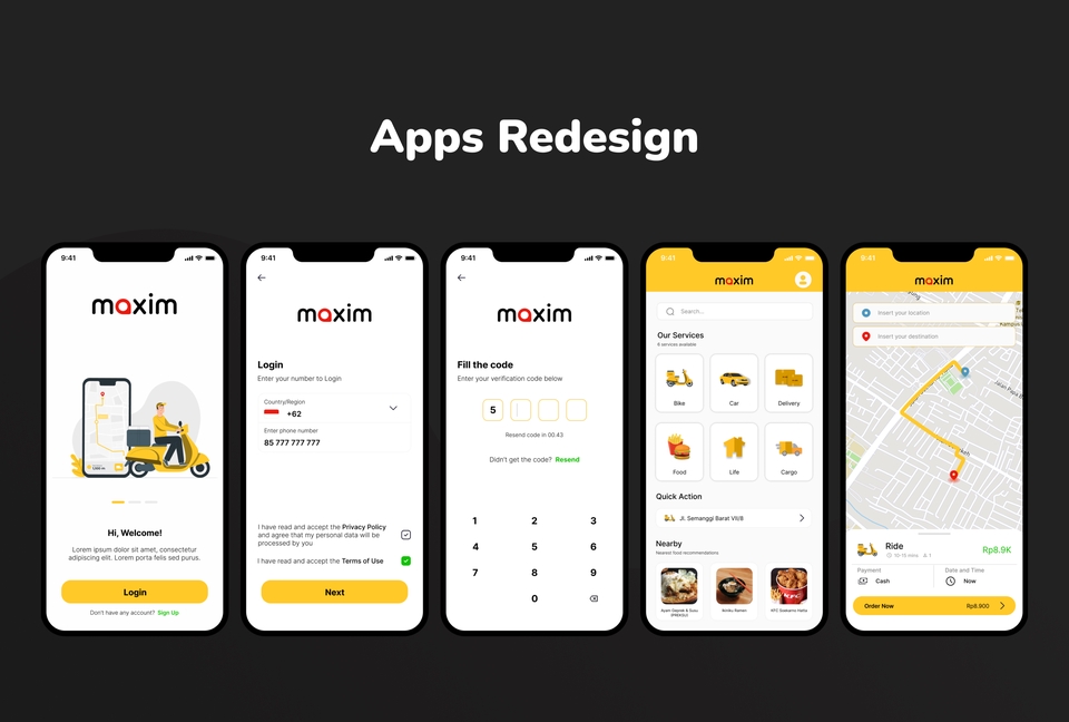 Aplikasi mobile desain UI UX dengan tampilan layar login, verifikasi kode, order service, dan tracking lokasi.