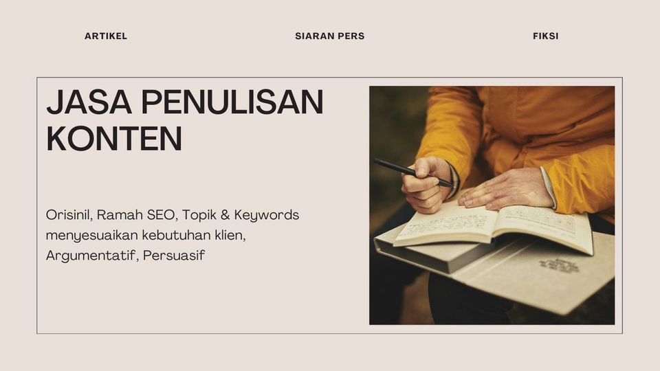 Jasa penulis konten profesional Indonesia, copywriting, artikel, seo, landing page, cerpen, novel, puisi, makalah, karya tulis ilmiah, deskripsi produk.