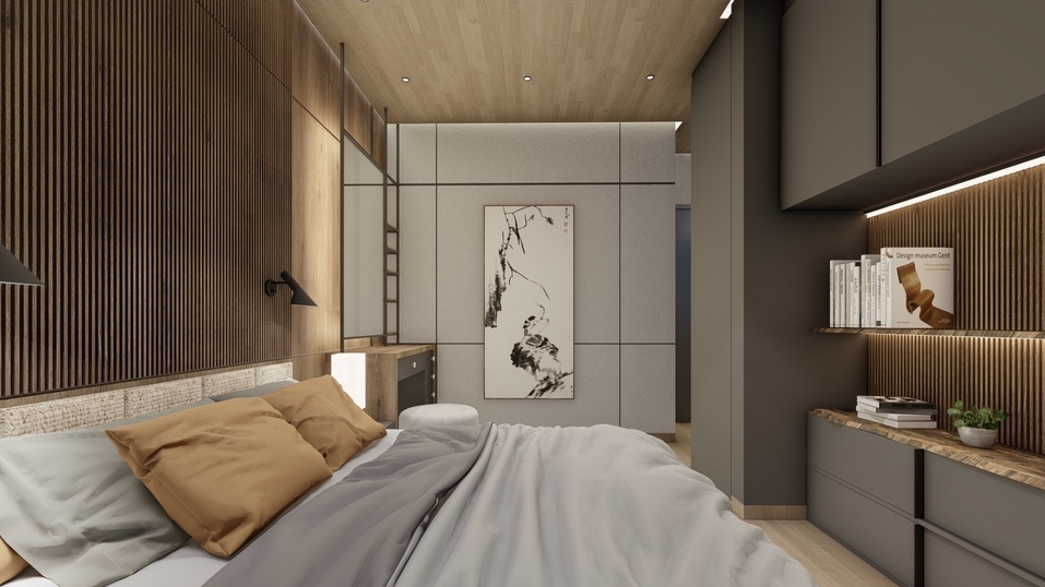 Jasa desain interior 3d, desain kamar tidur minimalis modern dengan sentuhan kayu dan warna netral.