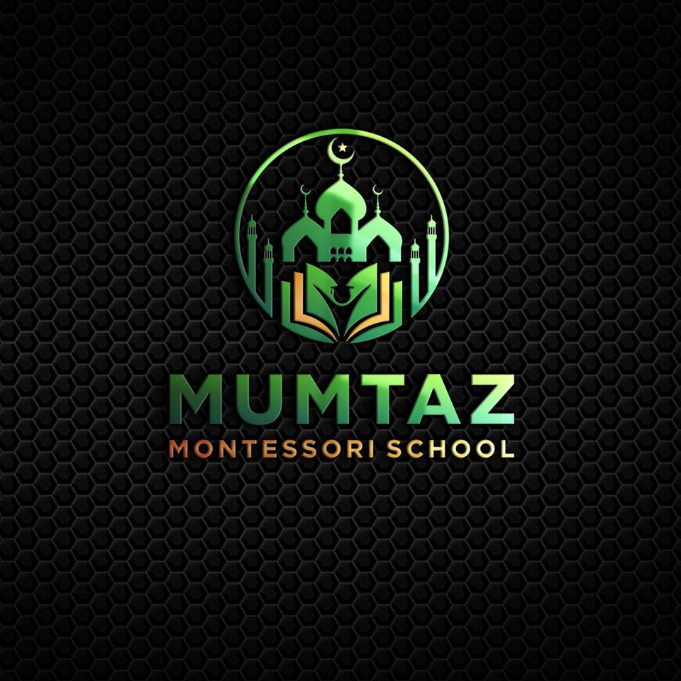 Logo sekolah Montessori dengan desain masjid dan buku, desain logo untuk sekolah