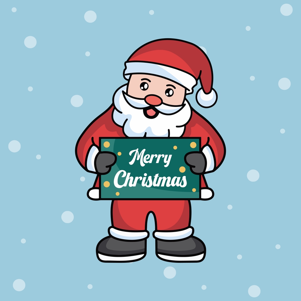 Jasa desain karakter kartun lucu Santa Claus dengan papan bertuliskan Selamat Natal untuk desain logo atau branding.