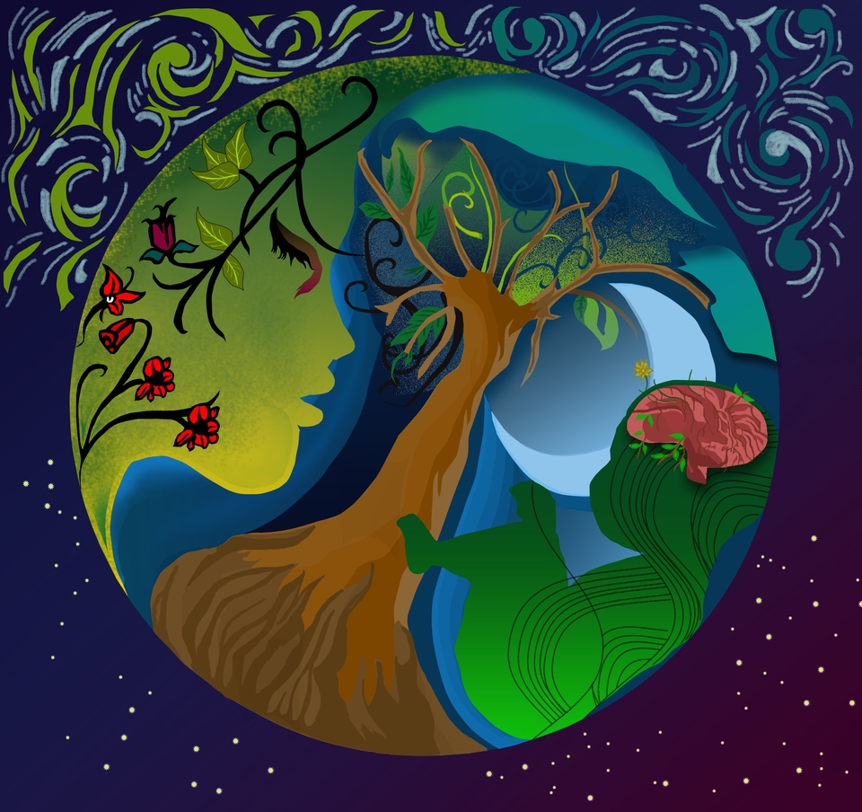 Ilustrasi digital berwarna-warni dengan desain unik menampilkan gambar dua wajah dengan pohon dan ranting sebagai rambut, serta gambar bintang di latar belakang.