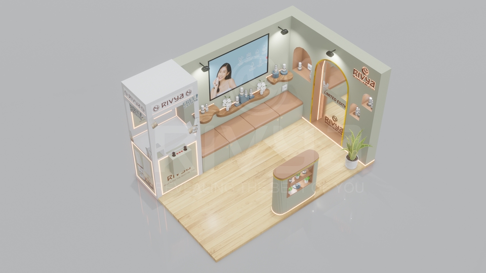 Desain Stand Pameran Minimalis untuk Produk Kecantikan, Jasa Desain 3D, Desain Interior, Desain Booth Pameran, Desain Stand Pameran Sederhana