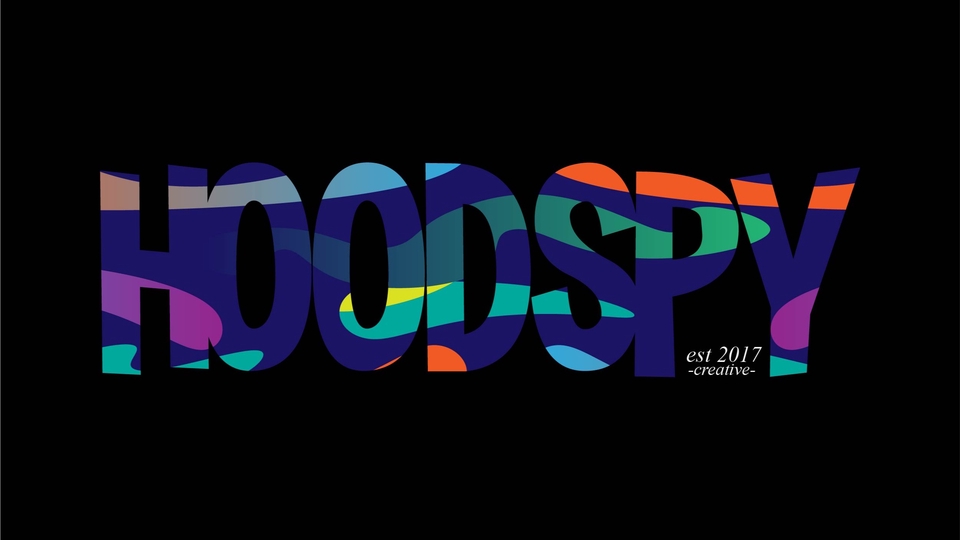 Jasa ilustrasi desain grafis dengan gambar teks "HOODSPY est 2017 -creative-" yang bergaya unik dan warna-warni.