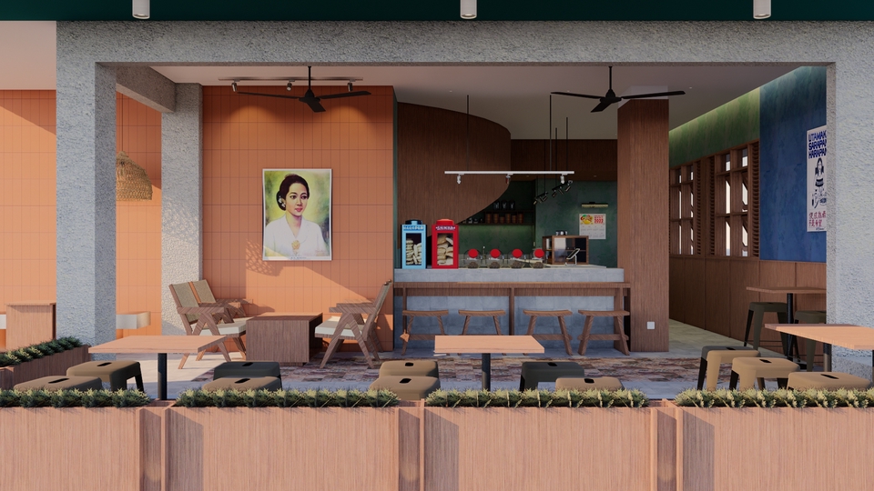 Desain interior cafe minimalis dengan meja kayu dan kursi besi di ruangan dengan dekorasi klasik sederhana.