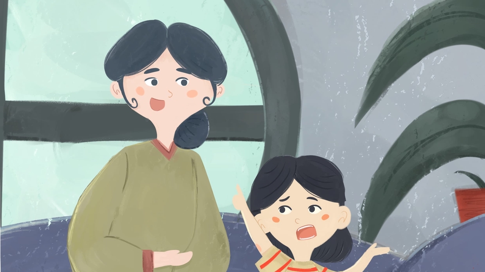 Ilustrasi kartun seorang wanita dan anak perempuan sedang berbincang dengan latar belakang hijau dan abu-abu.