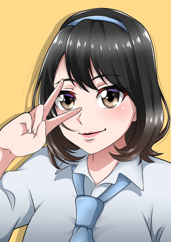 Ilustrasi kartun wanita berambut hitam dengan baju putih dan dasi biru sedang membuat tanda peace