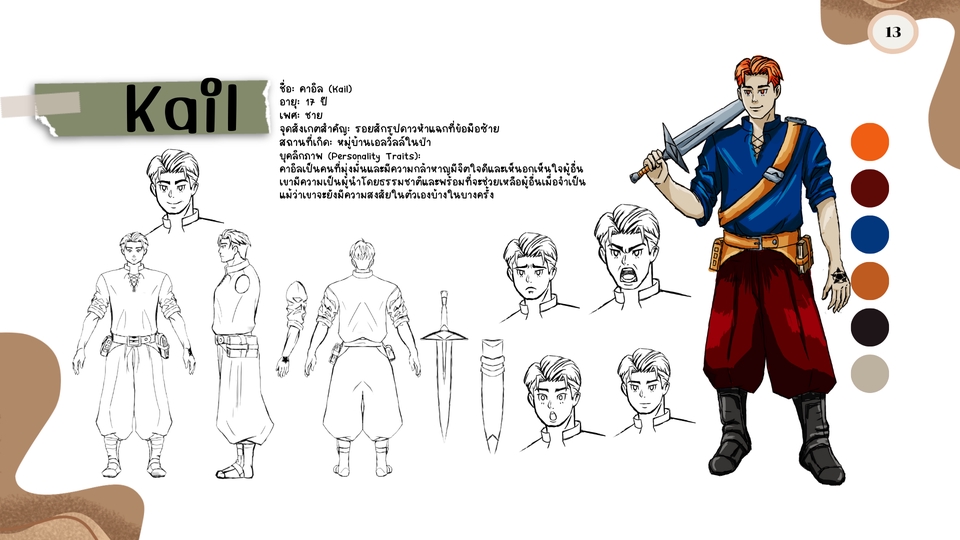 ออกแบบตัวละครคาแรคเตอร์ชาย Kail สไตล์แฟนตาซี พร้อมแบบร่างและสี ออกแบบตัวละครเกม วาดภาพประกอบ