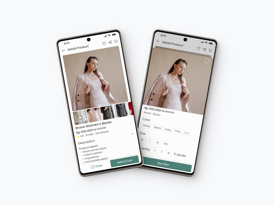 Desain UI UX aplikasi mobile dengan mockup menampilkan wanita mengenakan blazer coklat dengan tema desain minimalis