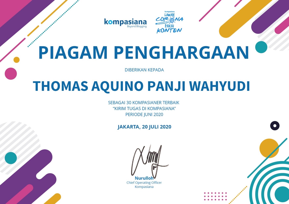 Piagam penghargaan diberikan kepada Thomas Aquino Panji Wahyudi sebagai 30 Kompasianer terbaik yang kirim tugas di Kompasiana periode Juni 2020.