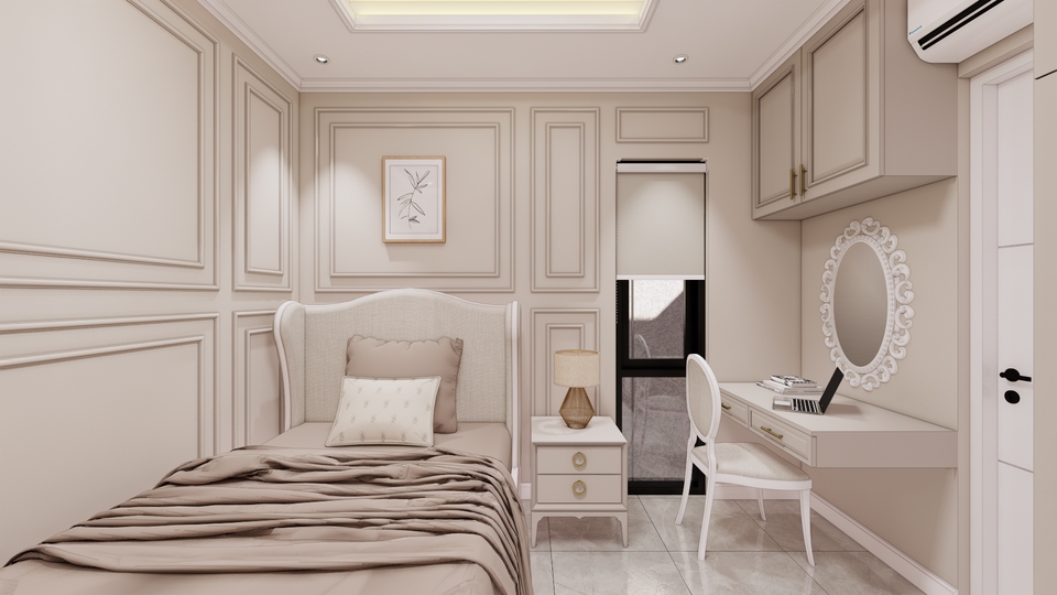 Jasa desain interior rumah minimalis dengan kamar tidur dan meja rias.