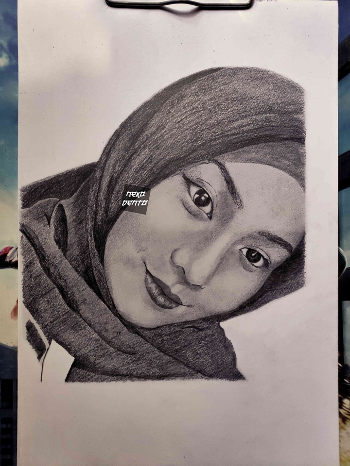 Jasa Lukis Wajah Hitam Putih, Lukisan Wajah Wanita Berhijab dengan Pensil