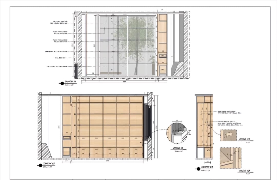 Desain lemari pakaian minimalis dengan pintu geser dan rak terbuka.
