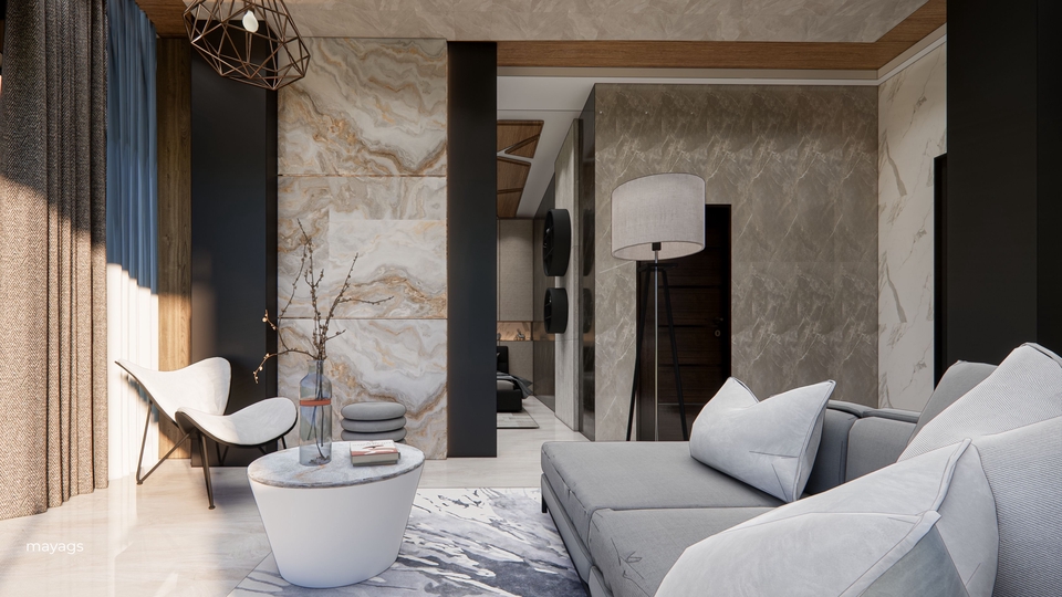 Jasa desain interior minimalis untuk ruang tamu dan cafe dengan gaya modern.