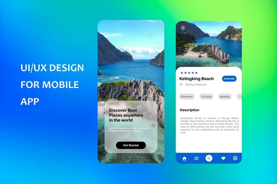 Desain UI UX untuk aplikasi mobile menampilkan desain antarmuka dan pengalaman pengguna untuk aplikasi dengan latar belakang pantai