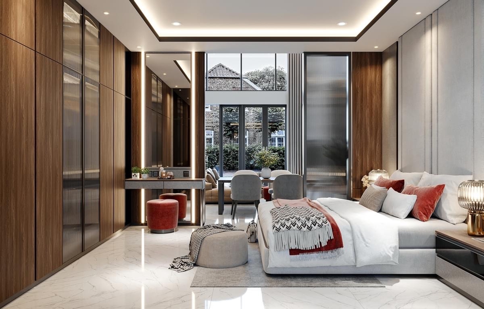 Desain lemari pakaian minimalis dengan sentuhan modern untuk rumah dengan interior mewah.
