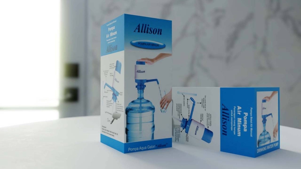 Desain kemasan produk pompa air minum merk Allison dengan desain minimalis dan menarik.