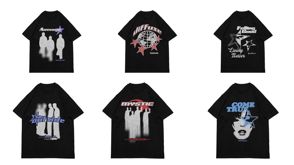 Desain kaos distro pria dengan berbagai desain dan tema menarik, termasuk motif grunge dan modern.
