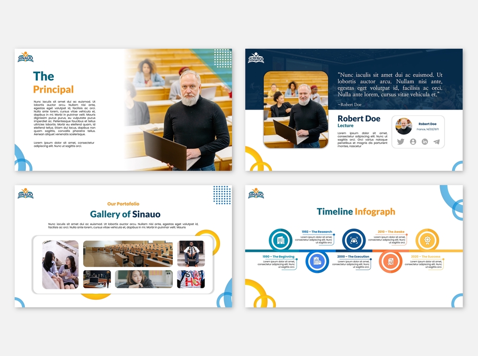 Jasa pembuatan presentasi powerpoint dengan desain modern, lengkap dengan timeline dan galeri.