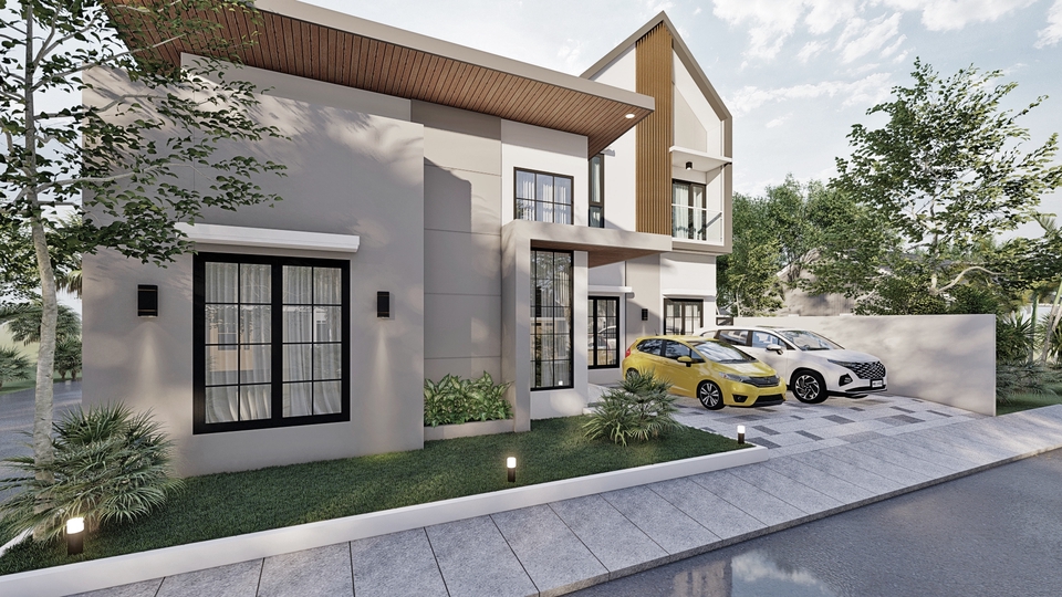 Desain eksterior rumah minimalis modern dengan taman depan, jasa desain arsitektur freelance