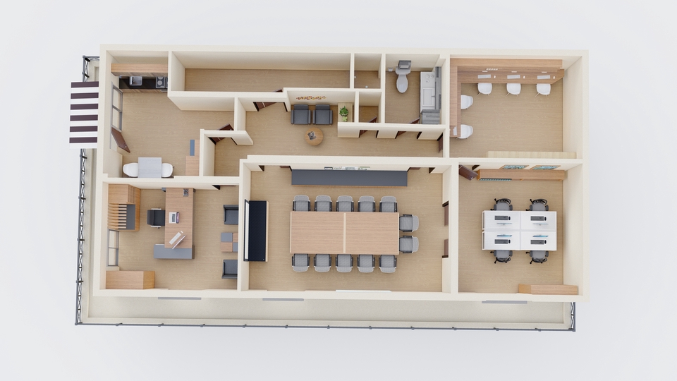 Jasa desain interior kantor minimalis modern dengan ruang rapat dan meja kerja