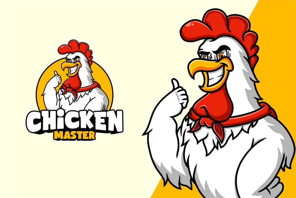 Desain karakter ayam jantan kartun dengan pose berotot dan jempol ke atas, cocok untuk logo usaha kuliner, desain maskot karakter, dan jasa desain karakter.