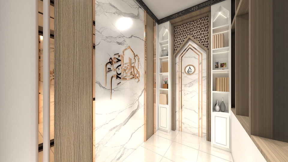 Jasa desain interior rumah minimalis modern dengan desain pintu masuk masjid 3d