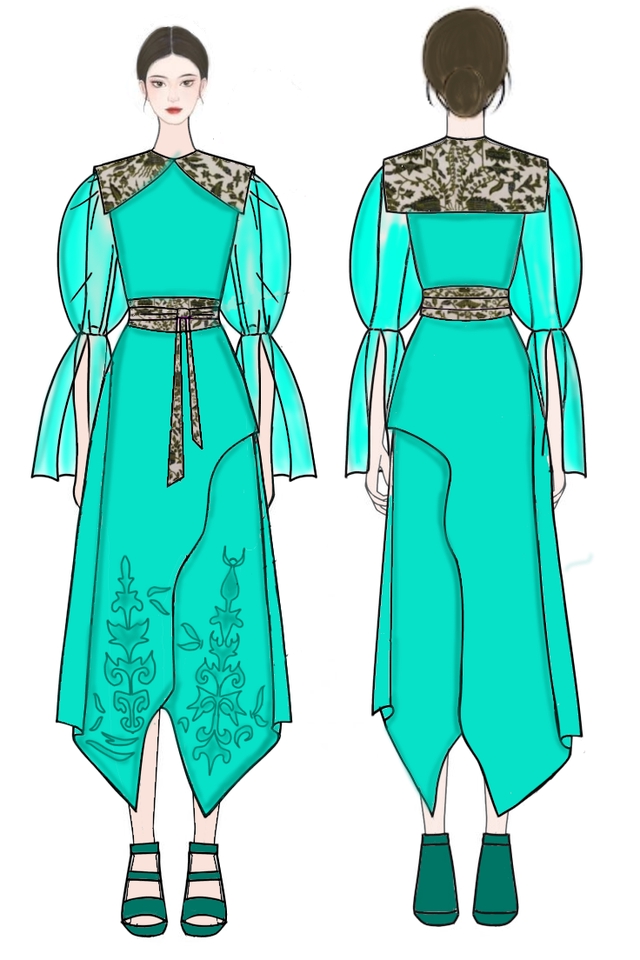 Ilustrasi wanita cantik dengan gaun biru dan motif bunga, desain ilustrasi fashion