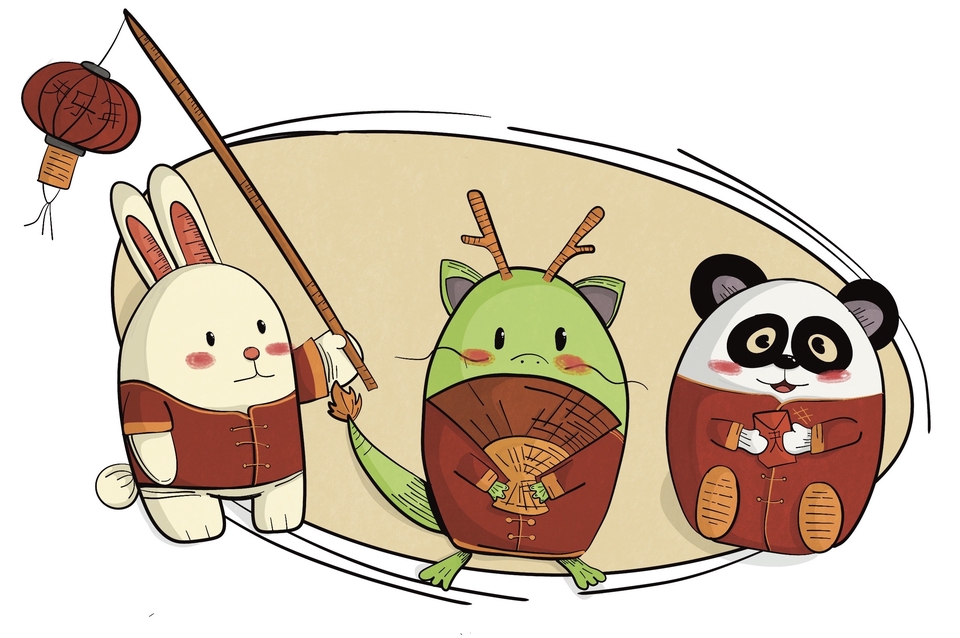 Jasa desain karakter kartun lucu: kelinci, naga, dan panda dalam kostum merah. Desain karakter lucu, desain karakter game, jasa buat karakter vtuber.