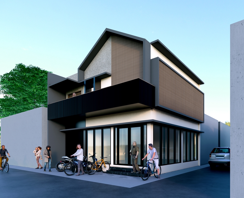 Jasa desain exterior 3d rumah minimalis modern dengan kolam renang dan taman hijau