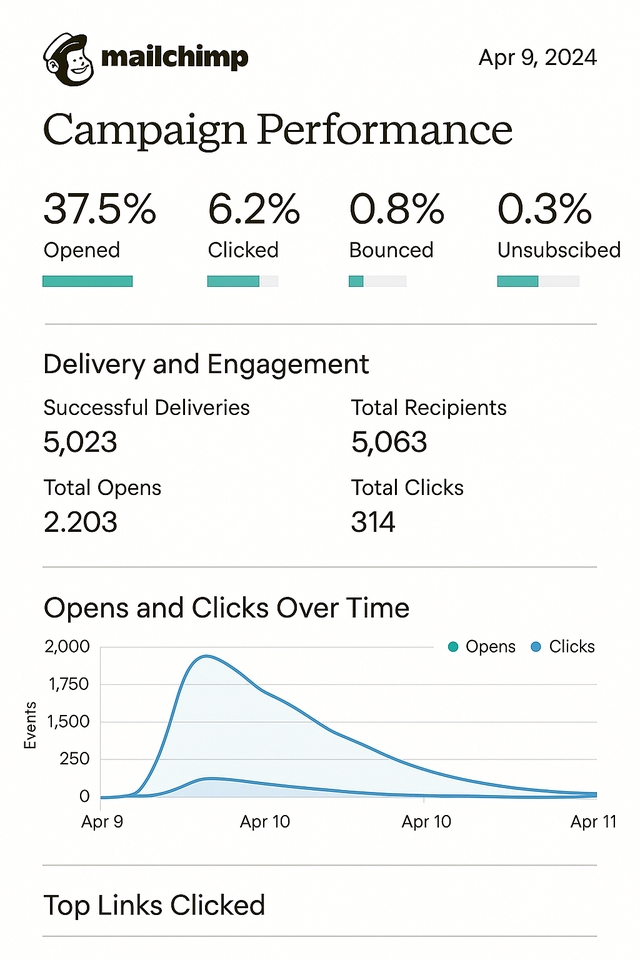 Jasa email marketing - Grafik performa kampanye email dengan 37.5% email terbuka, 6.2% diklik, dan 0.8% ditolak.  Total pengiriman 5.063 email, dengan 2.203 dibuka dan 314 diklik.
