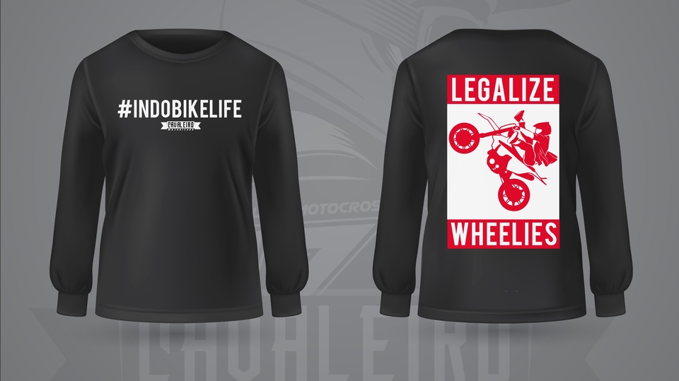 Desain kaos distro dengan tulisan "Legalize Wheelies" dan "Indobikelife"