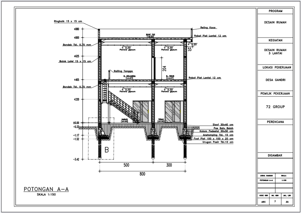 Jasa drafter autocad untuk gambar potongan rumah 2 lantai dengan detail ukuran dan spesifikasi bahan.