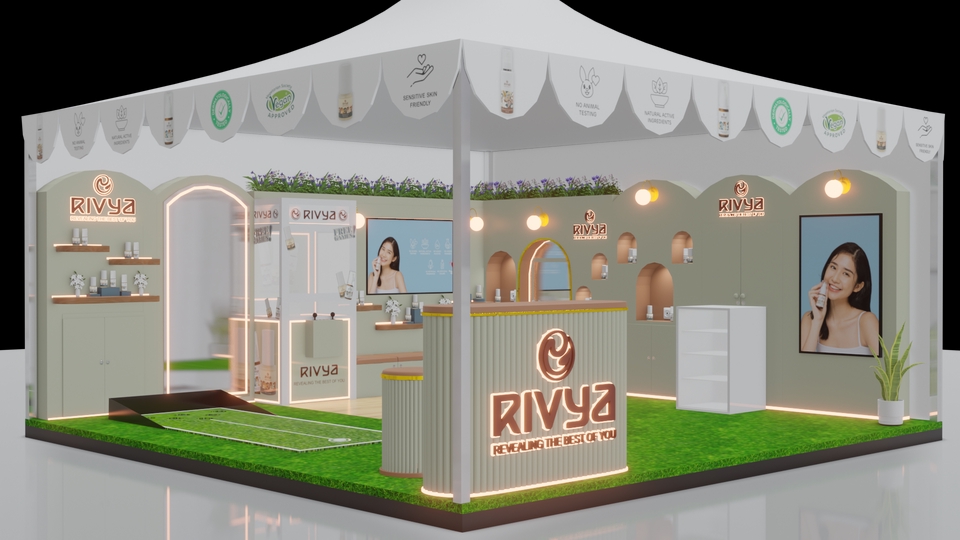 Desain Booth Pameran Rivya, Jasa Desain 3D, Jasa Render 3D, Desain Stand Pameran Minimalis, Desain Interior, Jasa Desain Interior, Interior Booth Pameran
