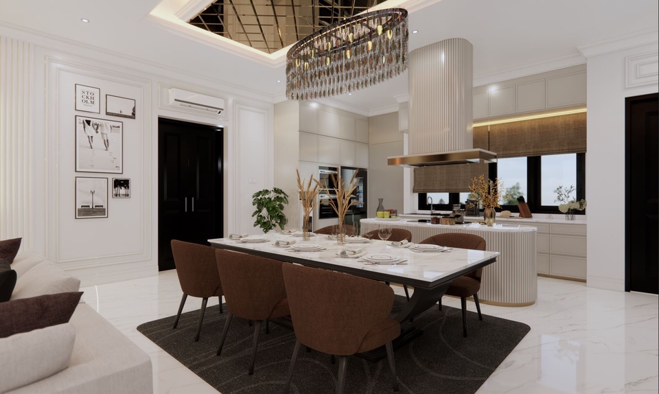 Desain meja makan modern dengan kursi kayu dan furniture interior minimalis