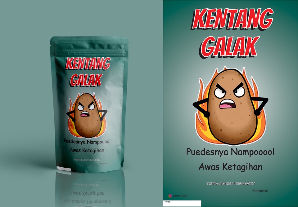 Desain kemasan unik kentang galak dengan warna merah dan kuning, jasa desain packaging makanan, desain kemasan snack, desain label makanan.