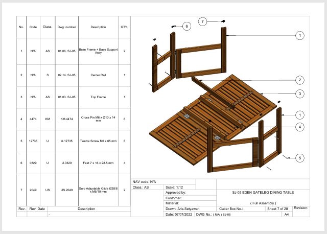 Desain meja makan jati lipat modern minimalis, jasa desain furniture 3d, gambar kerja detail.