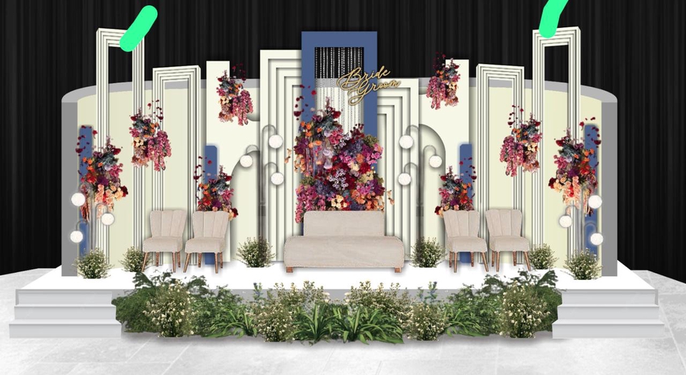 Jasa desain ilustrasi pernikahan dengan latar belakang modern dan elegan. Desain dengan gaya klasik menggunakan warna biru dan putih dengan detil bunga pink dan hijau. Desain cocok untuk pasangan yang menginginkan tema pernikahan simple namun tetap terlihat mewah.