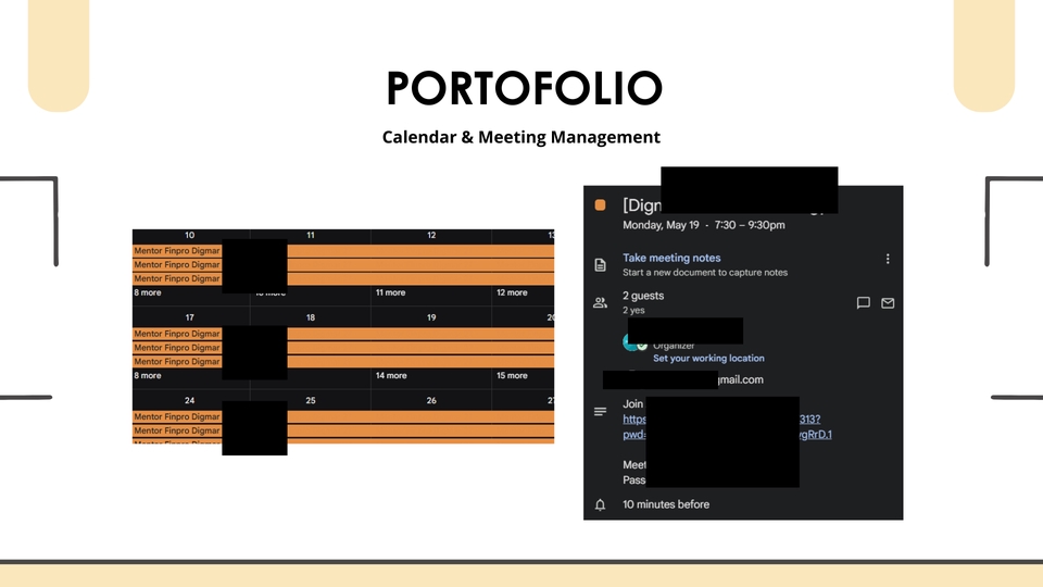 Jasa asisten virtual: Manajemen kalender dan rapat. Jadwal rapat dan detail meeting terorganisir.