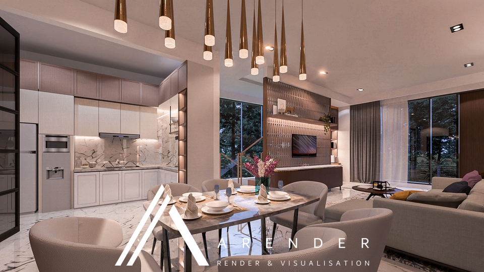 Jasa desain interior rumah minimalis modern dengan desain dapur dan ruang tamu yang luas, cocok untuk hunian keluarga di Indonesia.