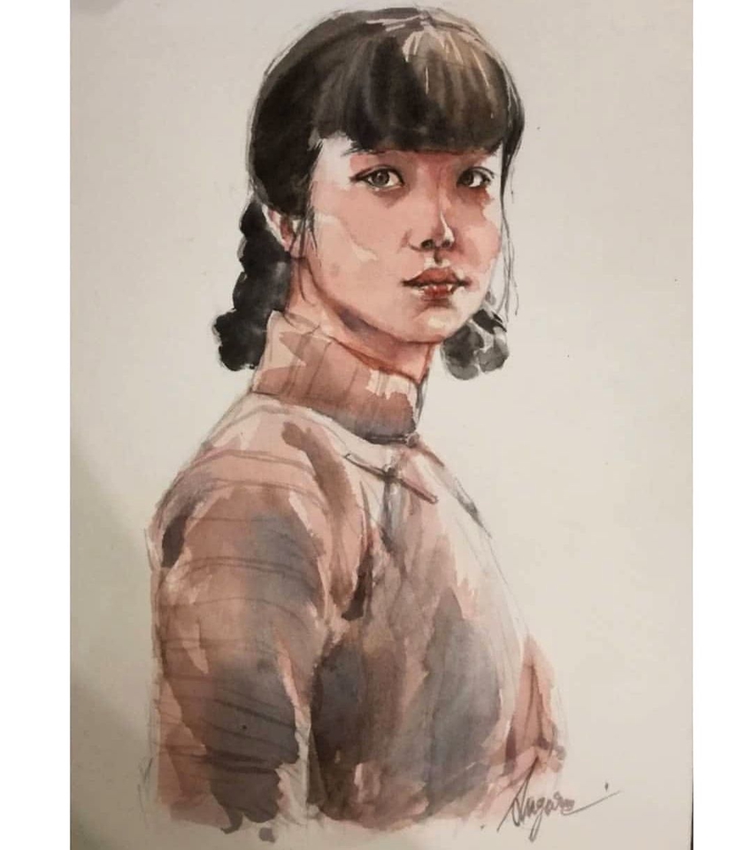 รับวาดภาพเหมือน สีน้ำ ภาพหญิงสาวผมดำ สวมเสื้อคอเต่า