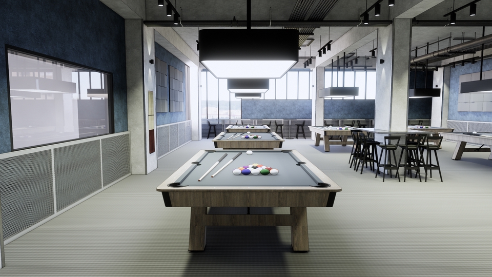 Jasa desain interior ruang biliar dengan desain minimalis dan modern untuk meningkatkan pengalaman bermain biliar.