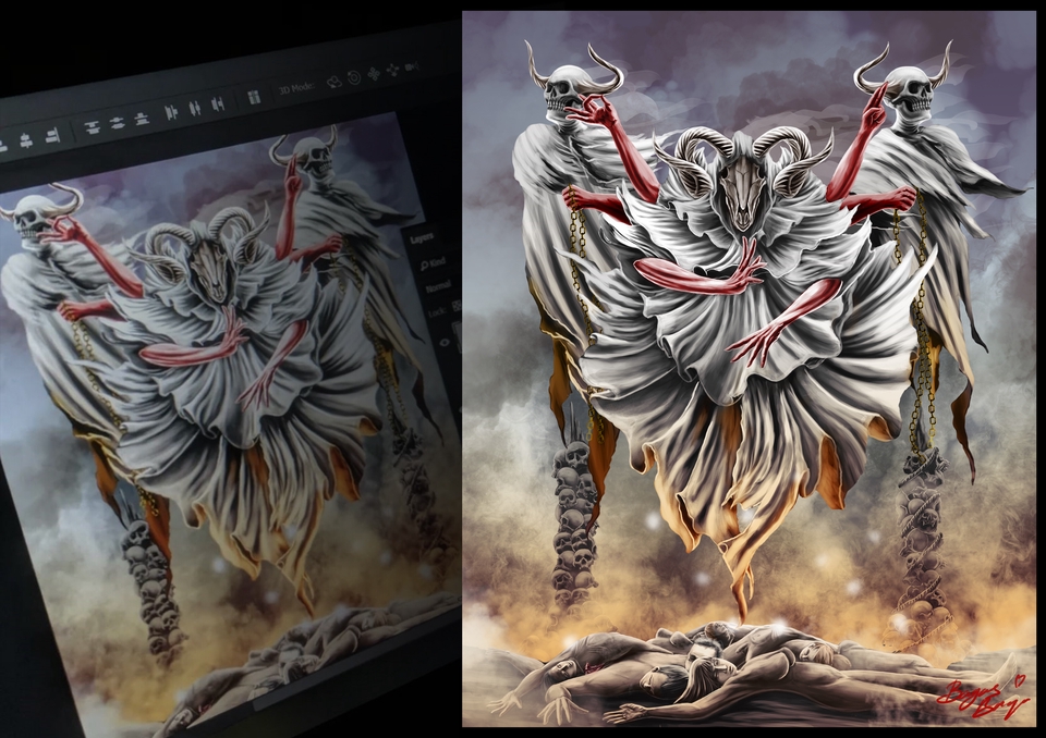 Ilustrasi digital menakutkan dengan banyak figur menyeramkan, cocok untuk proyek seni horor