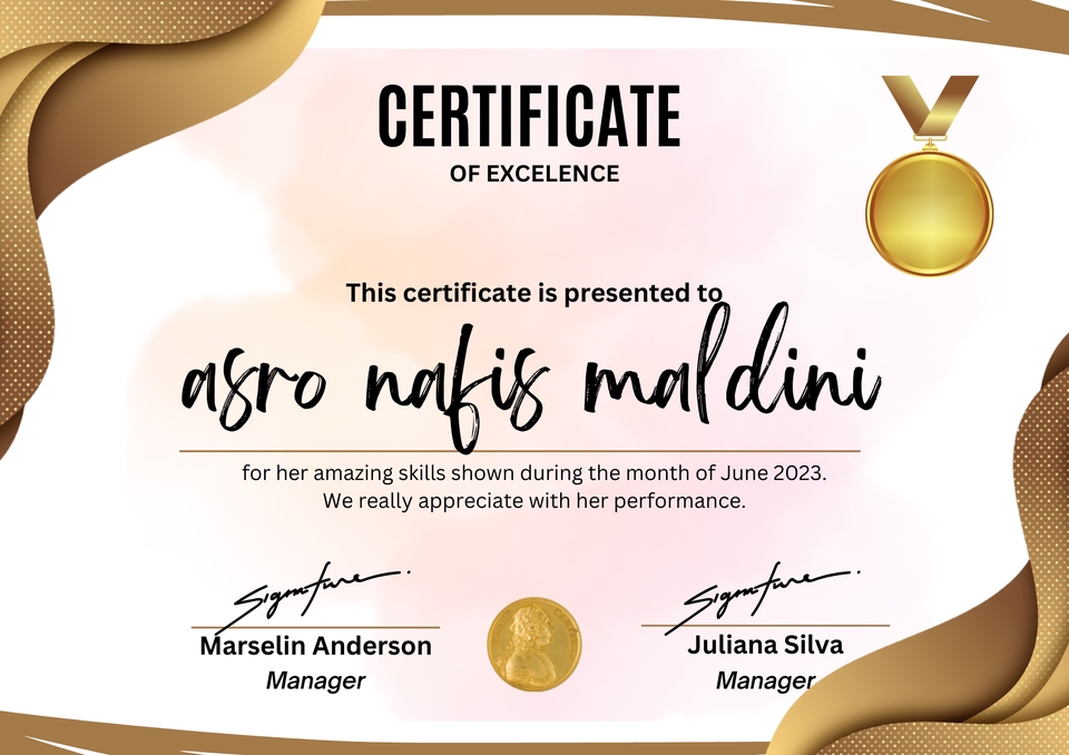 Sertifikat penghargaan untuk Astro Nafis Maldini atas keahliannya yang luar biasa selama bulan Juni 2023.