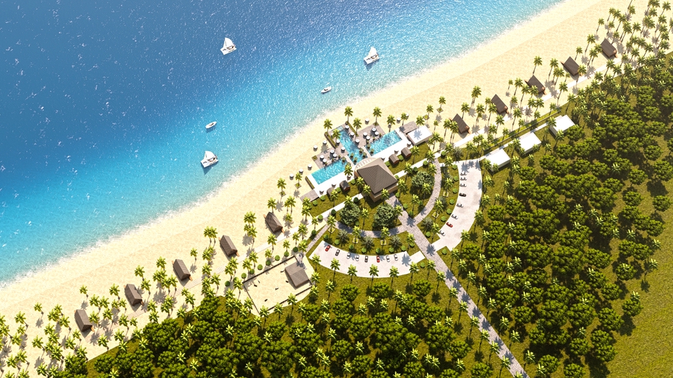 Jasa pembuatan video animasi 3d untuk resort pantai dengan pemandangan laut dan pohon palem